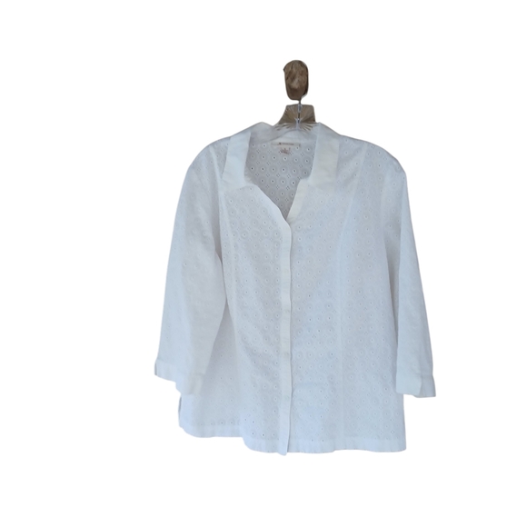 JM Collection Tops - JM Collection White Eyelet 3/4 Sleeve Button Down Cotton Shirt Size 18
